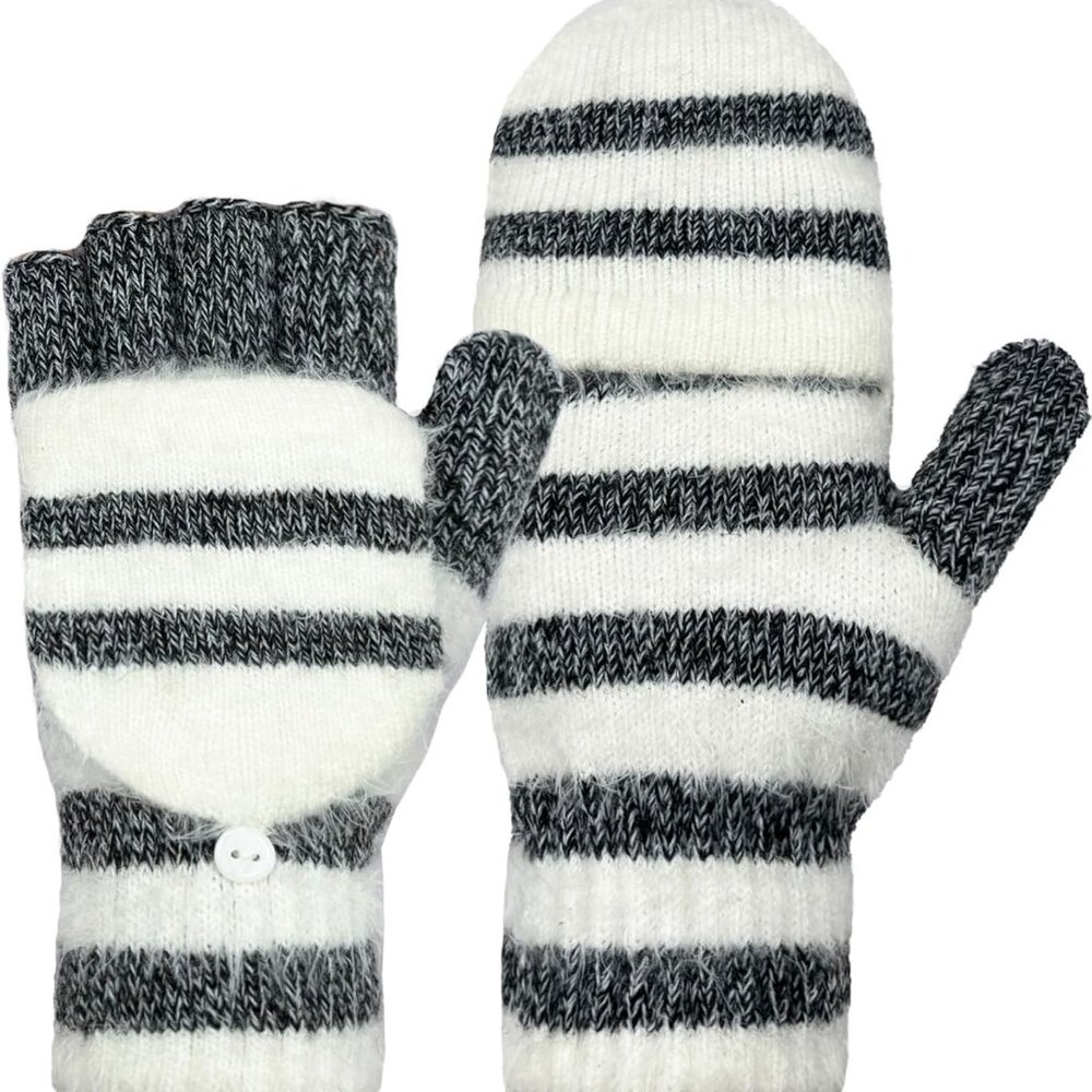 Winter Fingerless Gloves Mittens for Women Men Warm Wool Knitted Convertible Fli